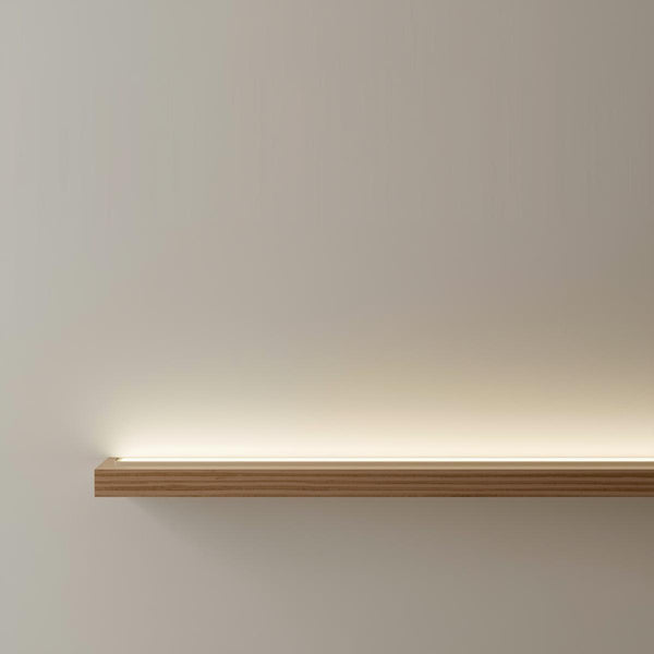 Floating Shelf with lighting, our wooden shelf with built-in lighting is available in custom styles.