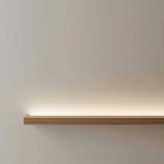 Floating Shelf with lighting, our wooden shelf with built-in lighting is available in custom styles.