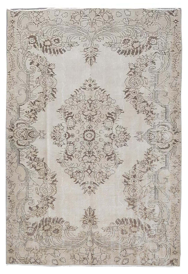 Vintage Handmade Turkish Rug with cream base and brown floral pattern. Dated from the 1960's. Traditional Vintage Turkish Rug available in Melbourne