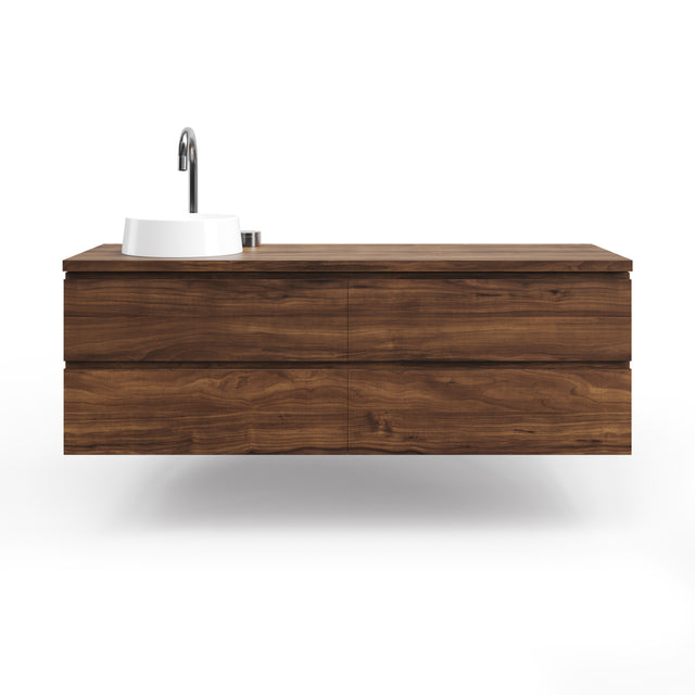 A wall-hung, floating American Walnut timber vanity with a white basin on top, featuring minimalist fingerpull details Made in Australia