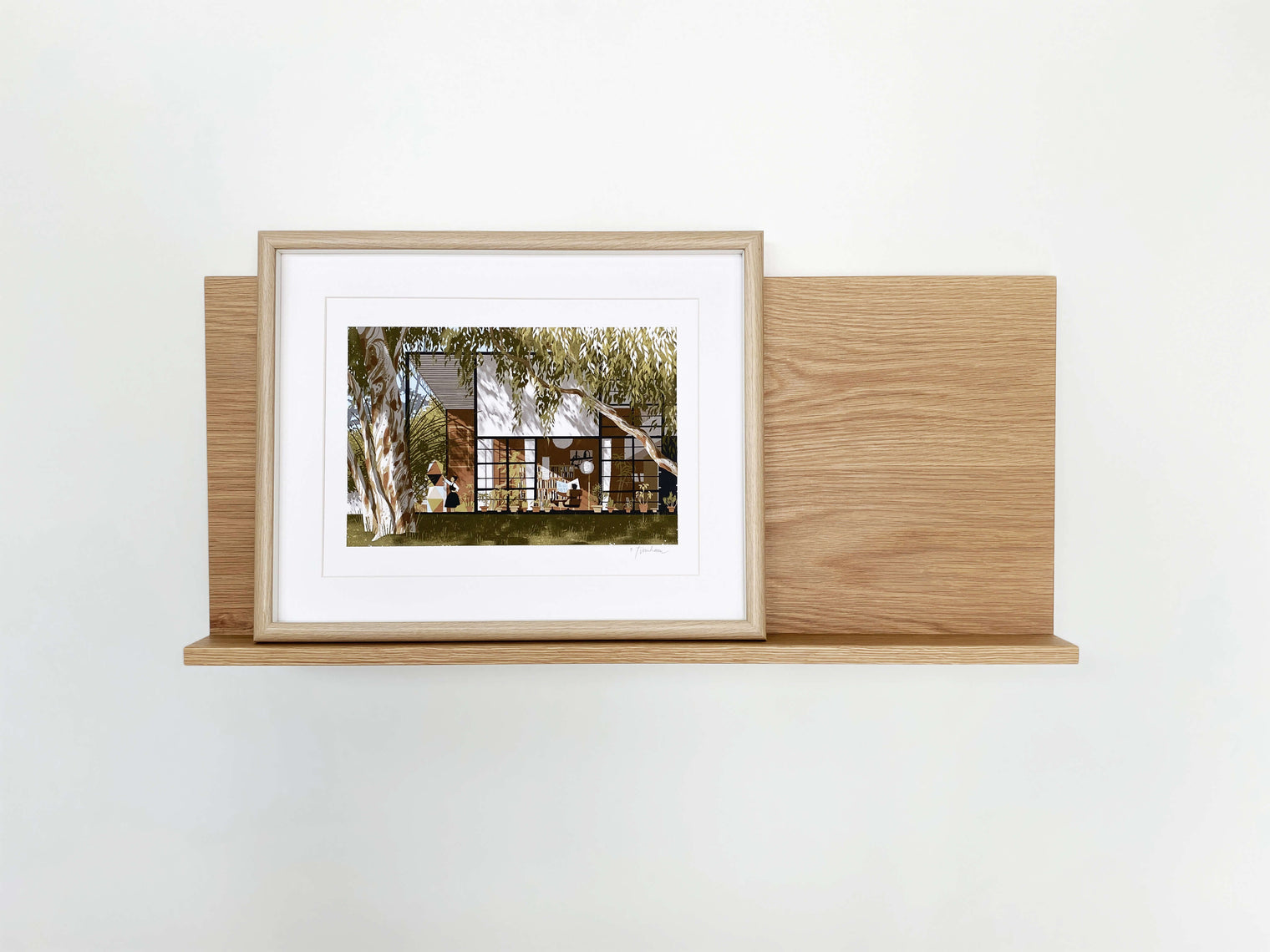 The Gallery Wall Shelf, Leaning shelf for art and photography with ledge in American Oak. Australian Made Furniture