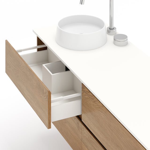 Solid Timber Wall Hung Floating Vanity in American Oak with drawers. Wall mounted vanity internal basin cutout. Australian Made