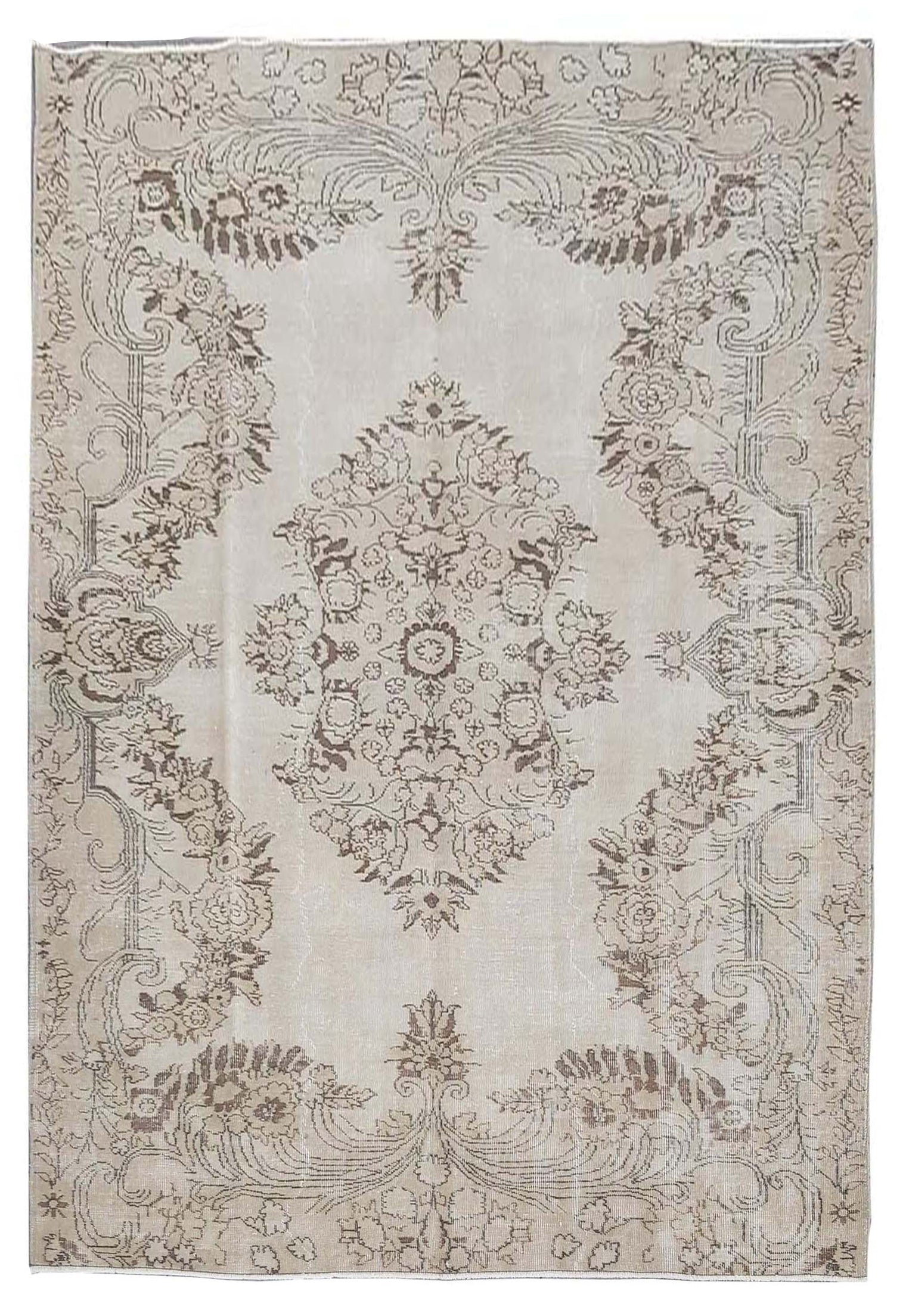 Vintage Handmade Turkish Rug with cream base and brown floral pattern.  Dated from the 1960's.  Traditional Vintage Turkish Rug available in Melbourne 