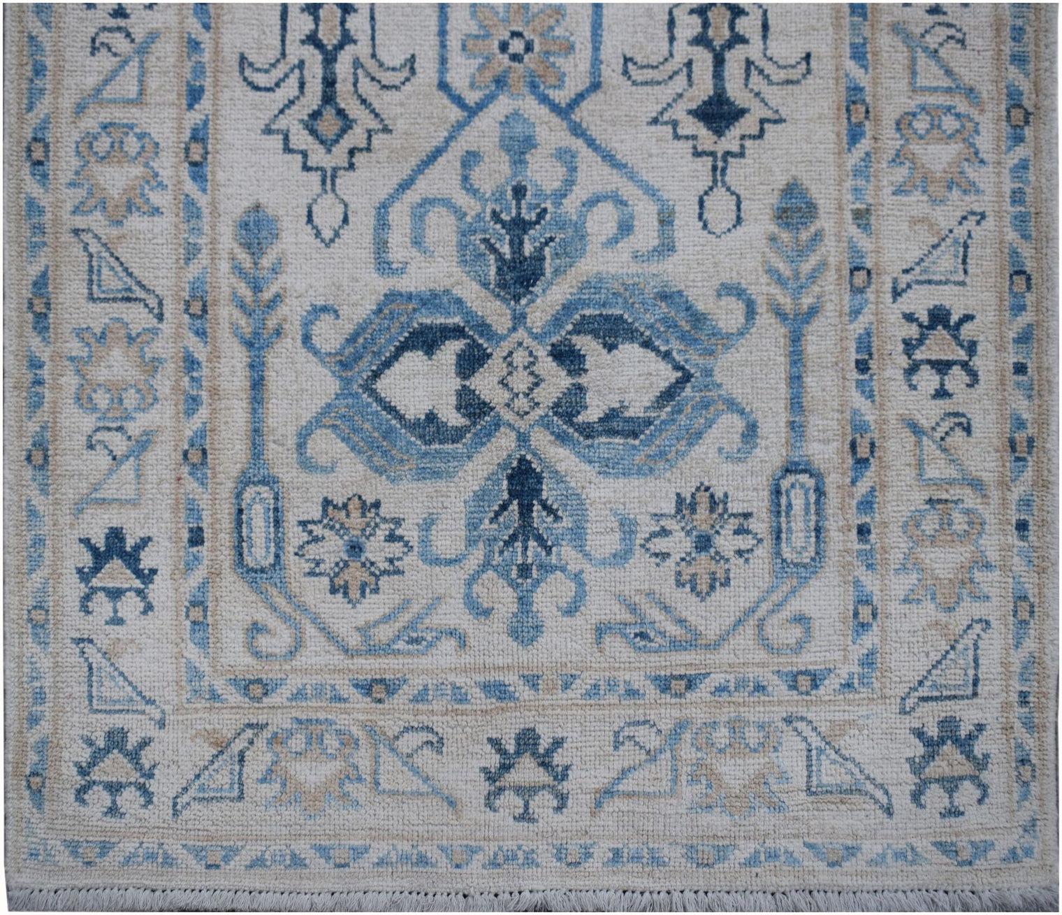 Authentic Hallway Runner Made in Afghanistan. Striking blue colours on a handknotted rug. Available online or in our Melbourne showroom