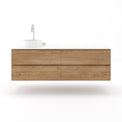 Solid Timber Wall Hung Floating Vanity in American Oak with drawers.  Timber wall mounted vanity with Corian top.