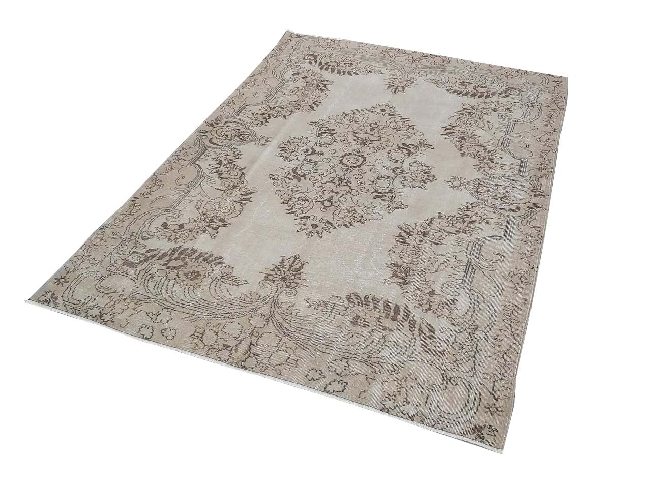 Vintage Handmade Turkish Rug with cream base and brown floral pattern. Dated from the 1960's. Traditional Vintage Turkish Rug available in Melbourne