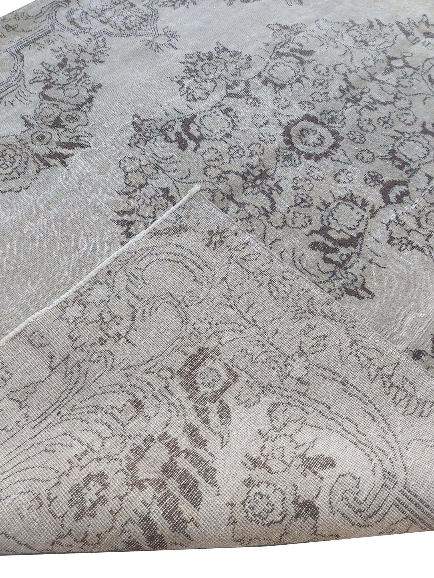 Vintage Handmade Turkish Rug with cream base and brown floral pattern. Dated from the 1960's. Traditional Vintage Turkish Rug available in Melbourne