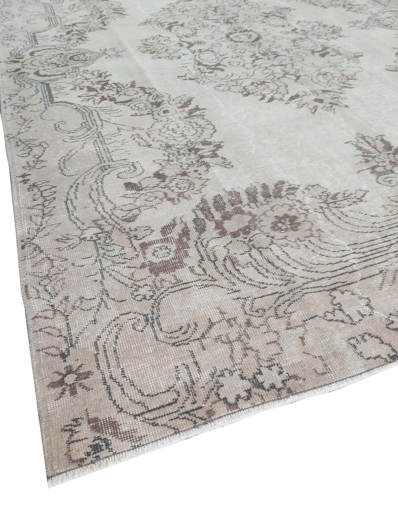Vintage Handmade Turkish Rug with cream base and brown floral pattern. Dated from the 1960's. Traditional Vintage Turkish Rug available in Melbourne